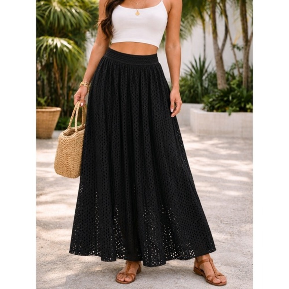 Chico's Whimsigoth Eyelet Lace Black Maxi Skirt Size M Open Knit Crochet Cottage